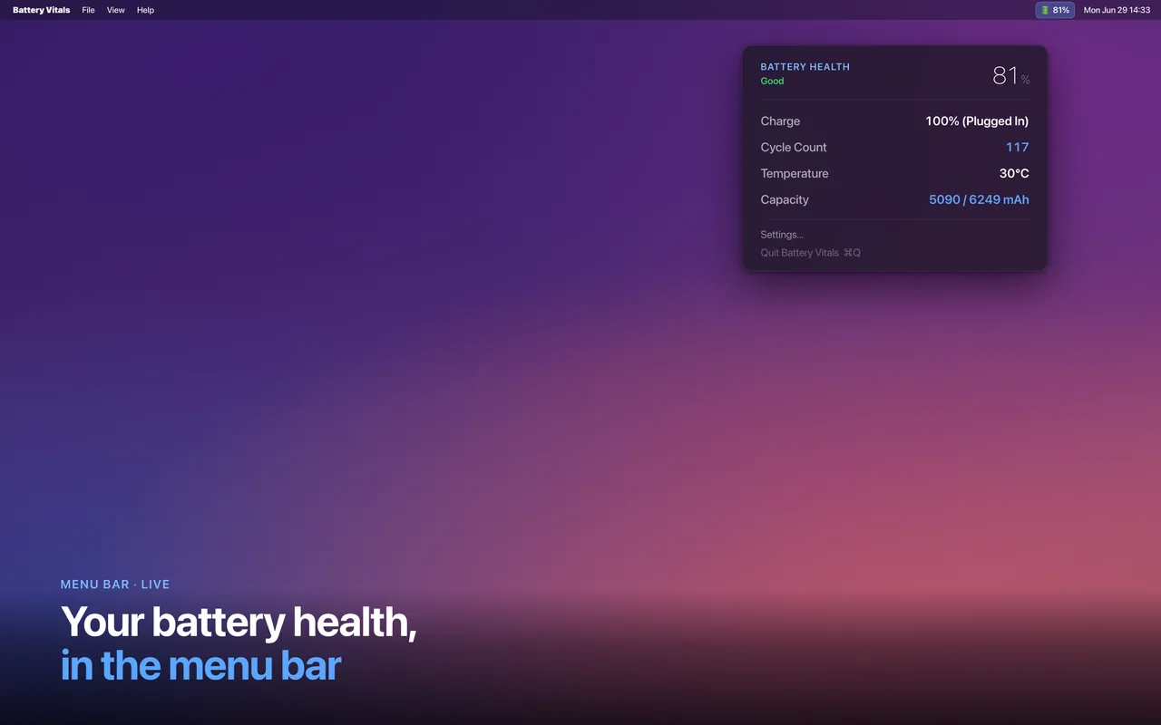 Battery health shown live in the Mac menu bar