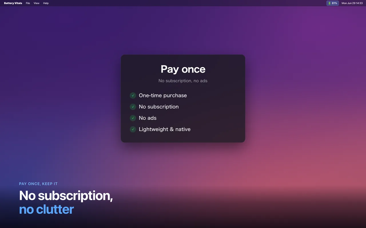 One-time purchase, no subscription and no clutter
