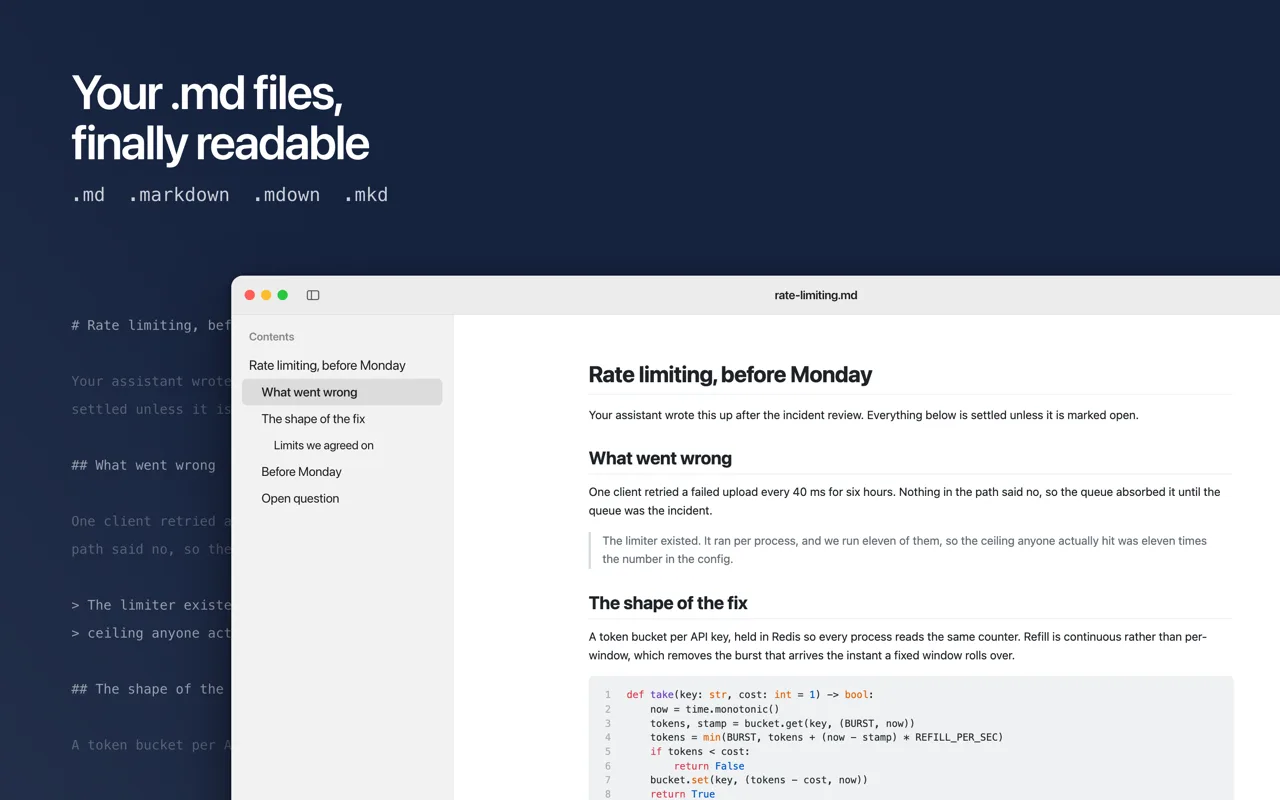 A Markdown file open in Doku with a table of contents sidebar beside the rendered document