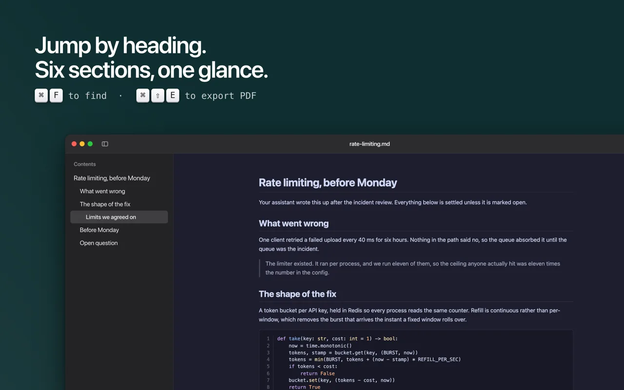 The table of contents sidebar with six headings, one of them selected