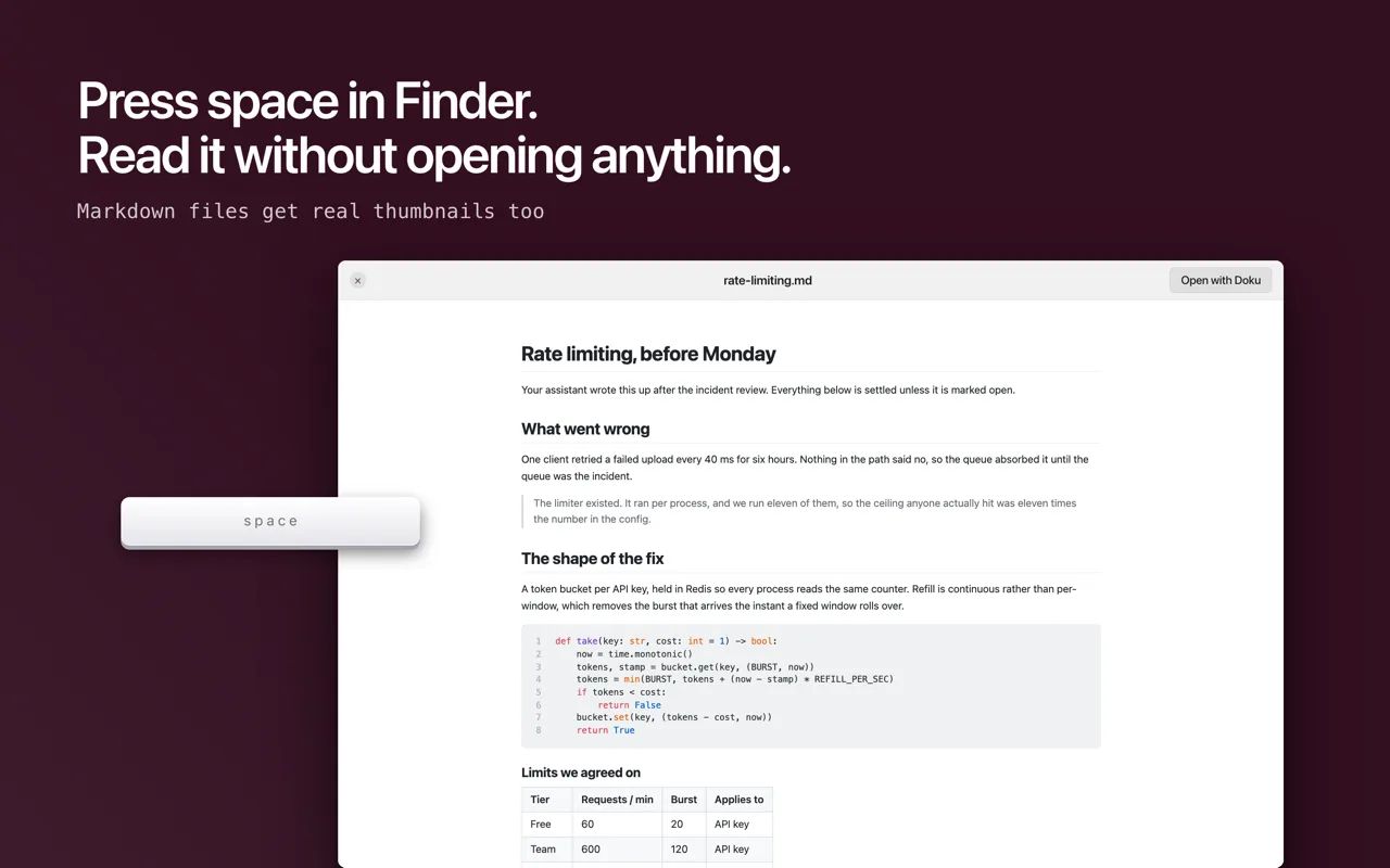 A Markdown file previewed in Finder with the space bar, without opening Doku