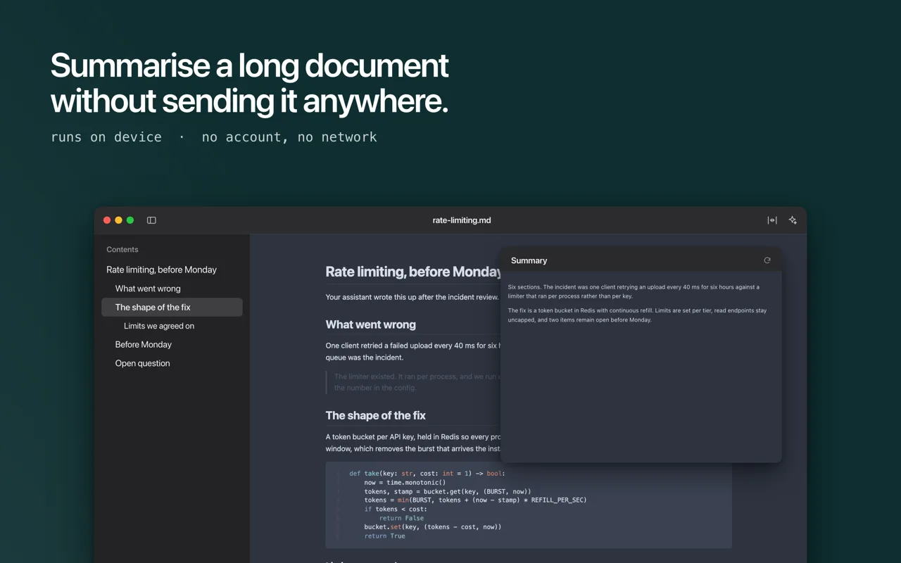 A long document summarised on device, shown beside the original text