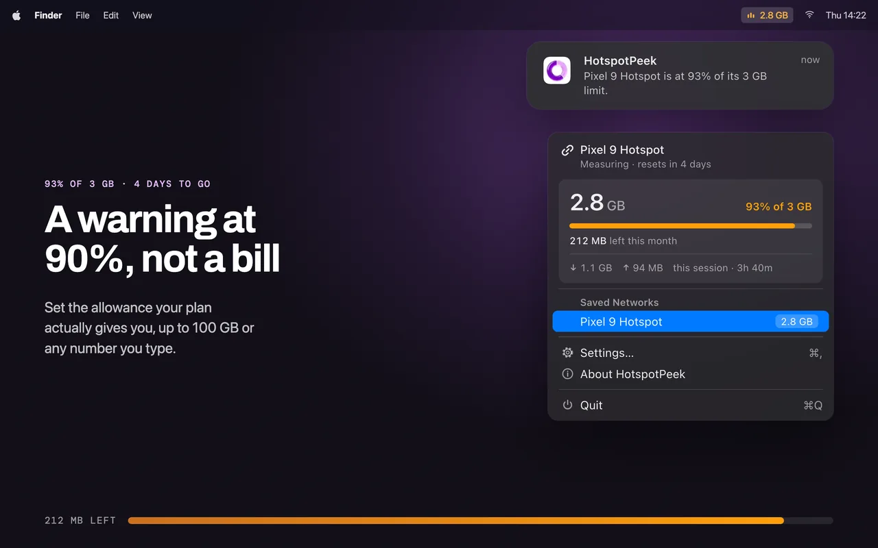 A macOS notification saying the hotspot is at 93 percent of its 3 GB limit, with 212 MB left and four days to go