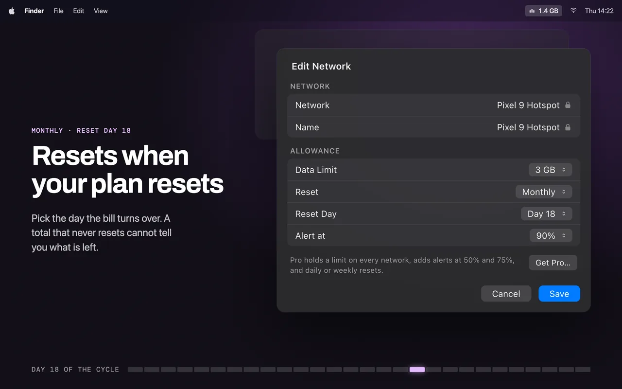 The Edit Network sheet setting a 3 GB allowance, a monthly reset on day 18, and an alert at 90 percent
