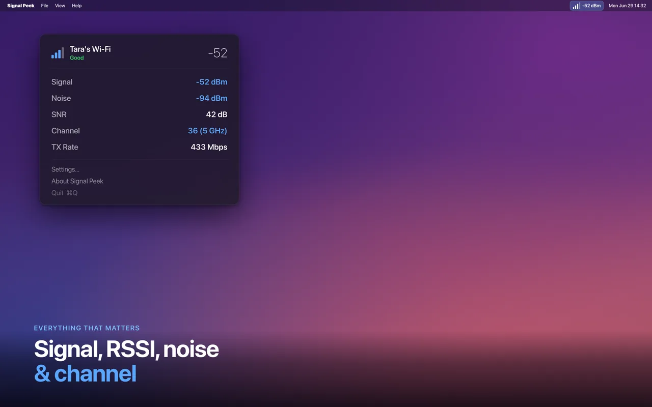 Signal, RSSI, noise, and channel details
