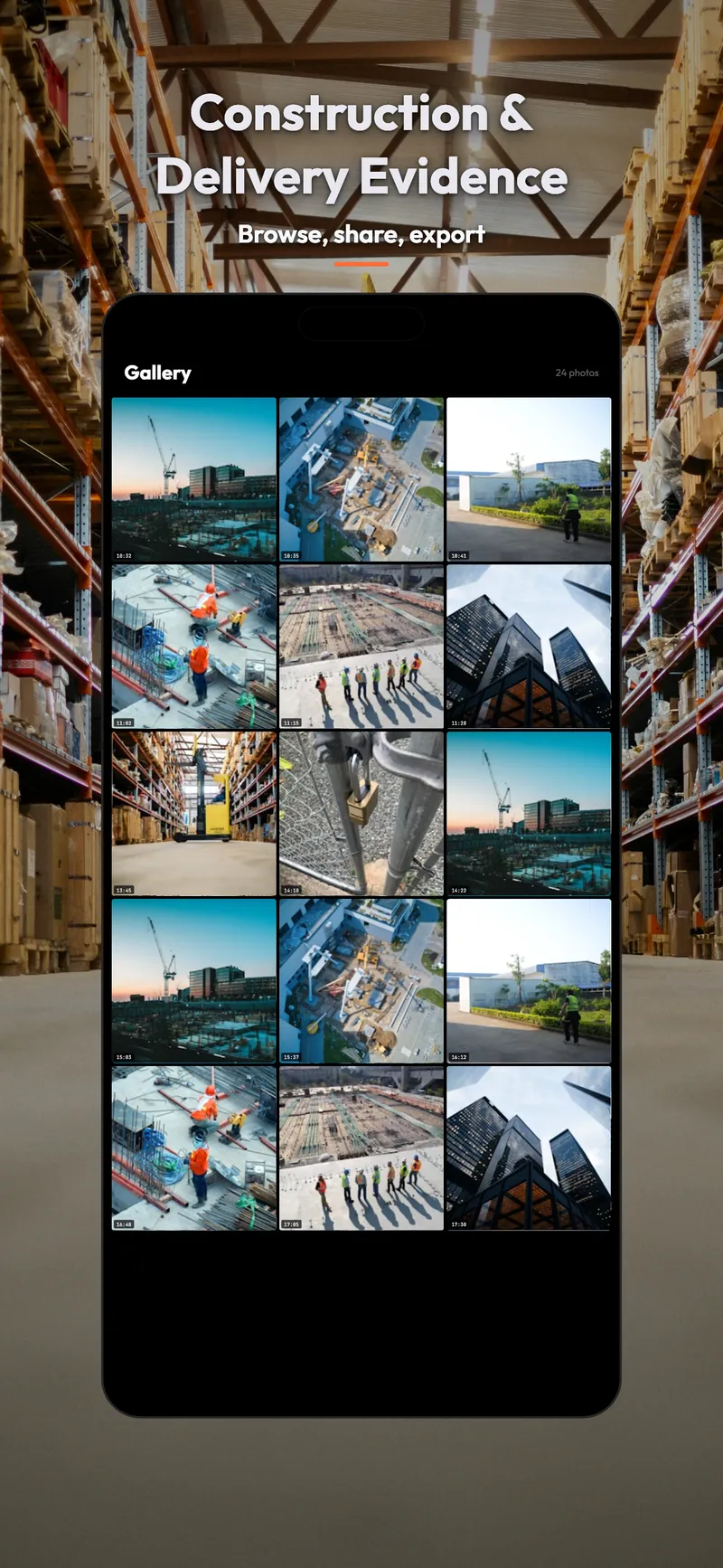 Gallery of construction and delivery evidence to browse, share, and export