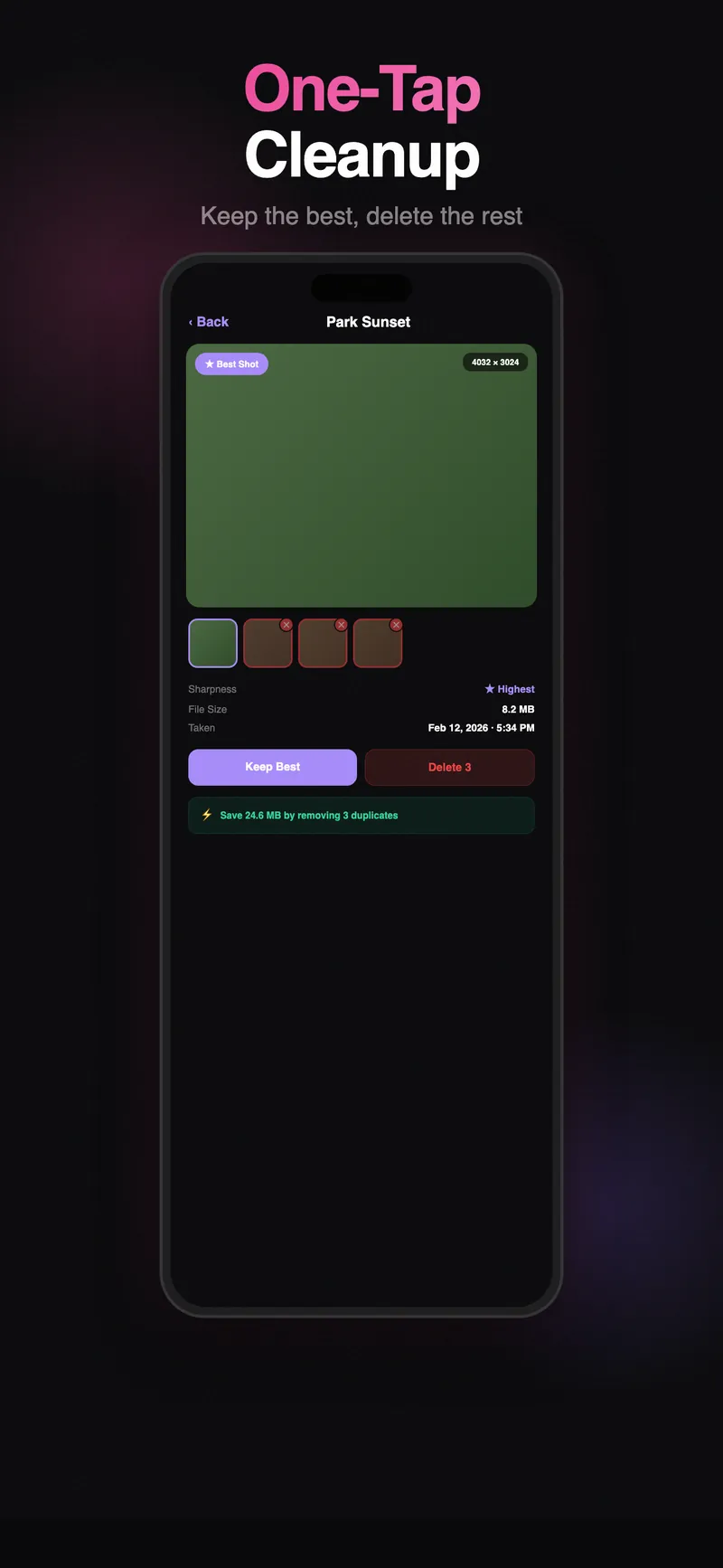 One-tap cleanup keeping the best shot and deleting the rest