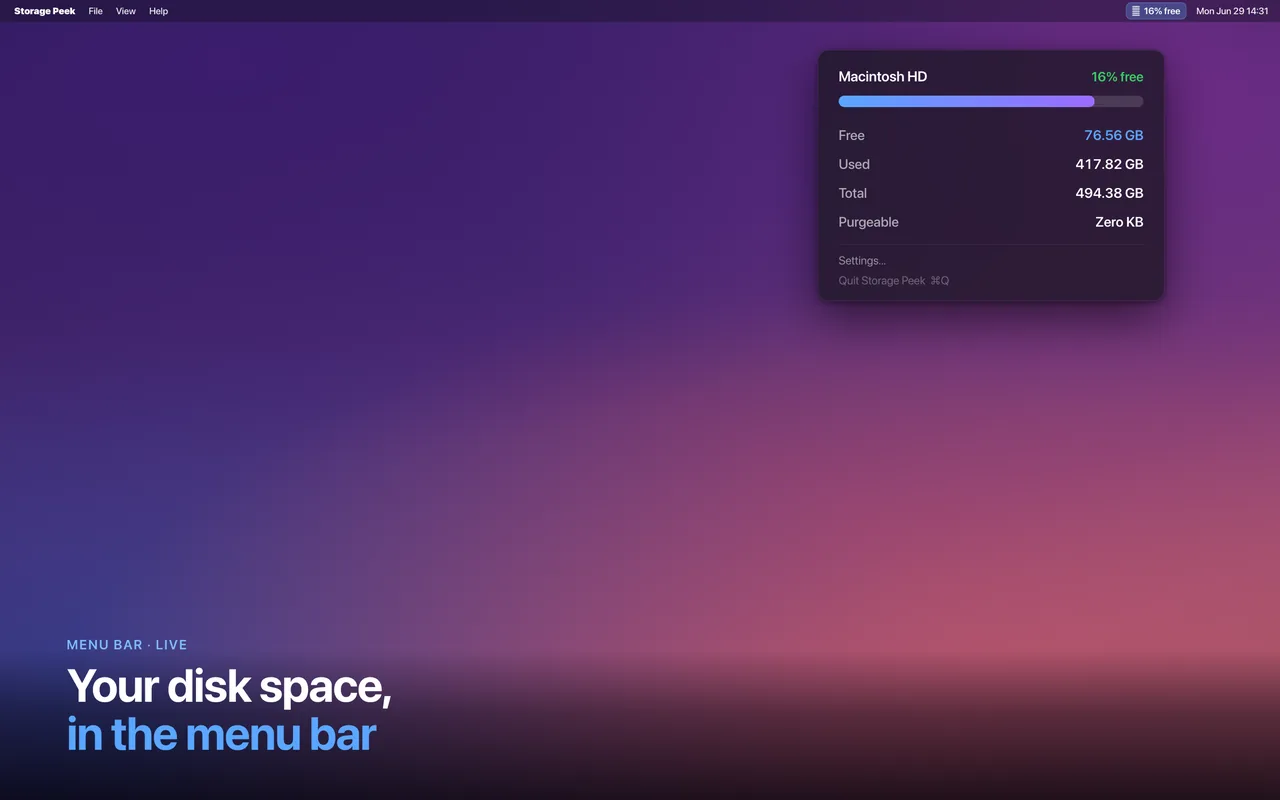 Your disk space shown live in the Mac menu bar