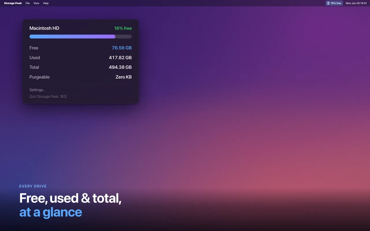 Free, used, and total storage at a glance