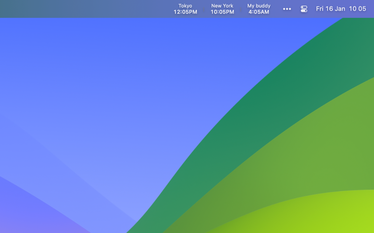 Timezone Peek displaying multiple world time zones in Mac menu bar with day/night indicators