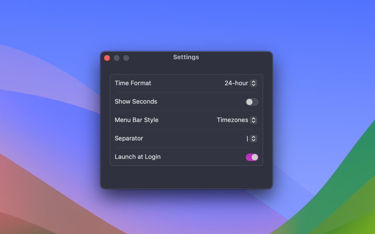 Timezone Peek menu interface showing UTC offsets and custom timezone labels for remote teams