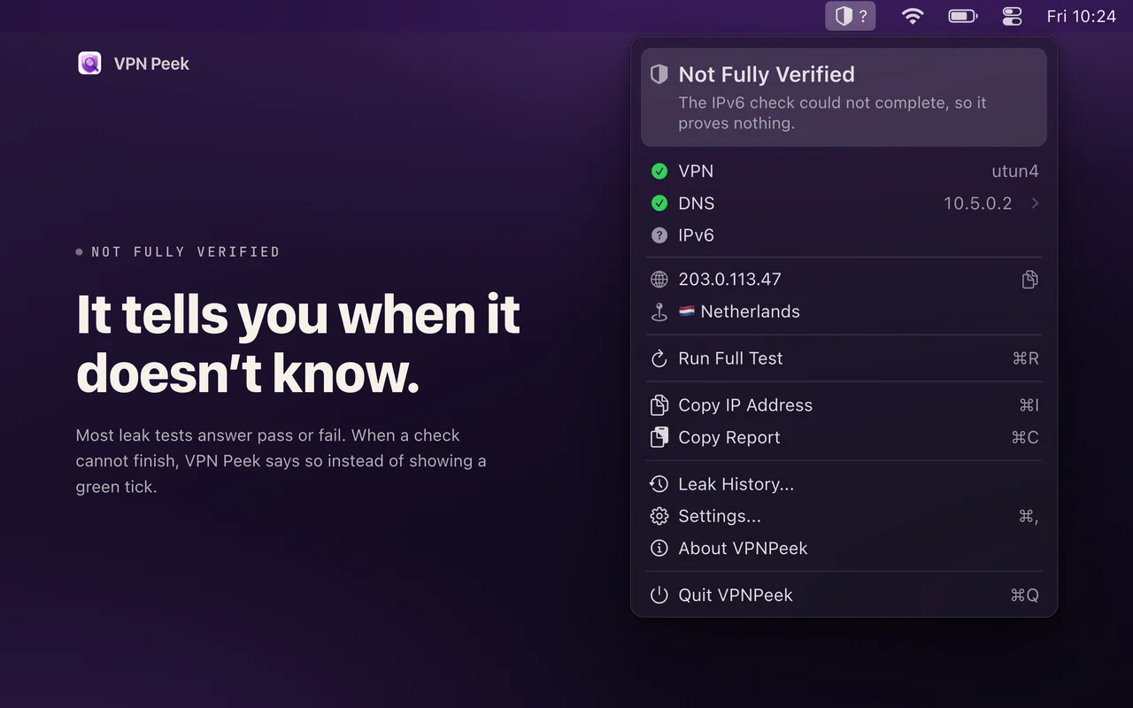 The same menu reading Not Fully Verified because the IPv6 check could not complete, instead of showing a green tick