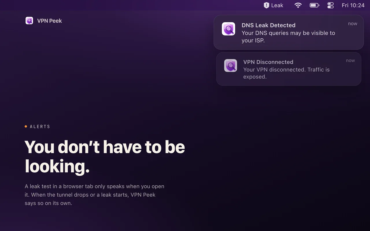 Two macOS notifications: DNS Leak Detected and VPN Disconnected, raised without the app being open