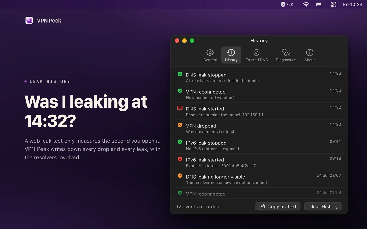The Leak History window listing 12 recorded events on a timeline, each with the resolver involved and a timestamp