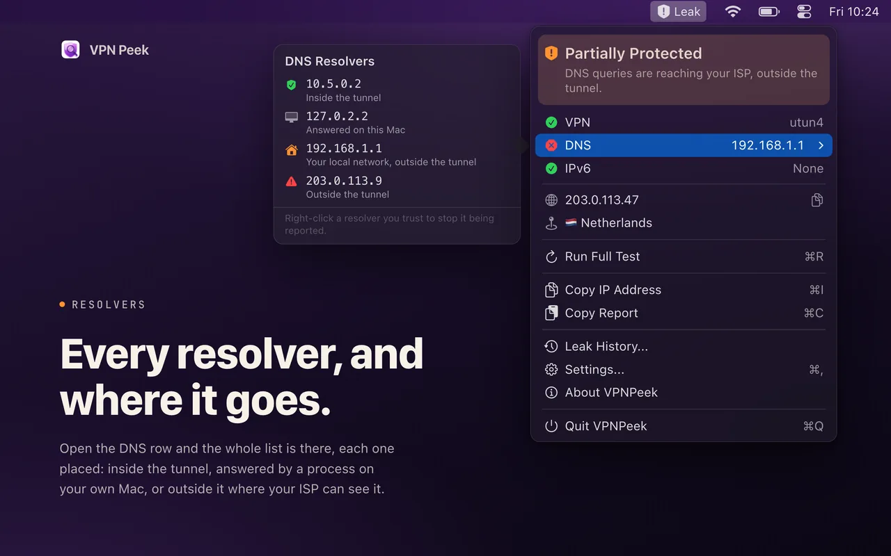 The DNS resolver list showing where each resolver sits: inside the tunnel, answered on this Mac, on the local network, or outside the tunnel